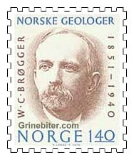 FRIMERKE: Waldemar Christopher Brøgger var en av fire geologer som ble hedret i frimerkeserien «Store norske geologer» i 1974.